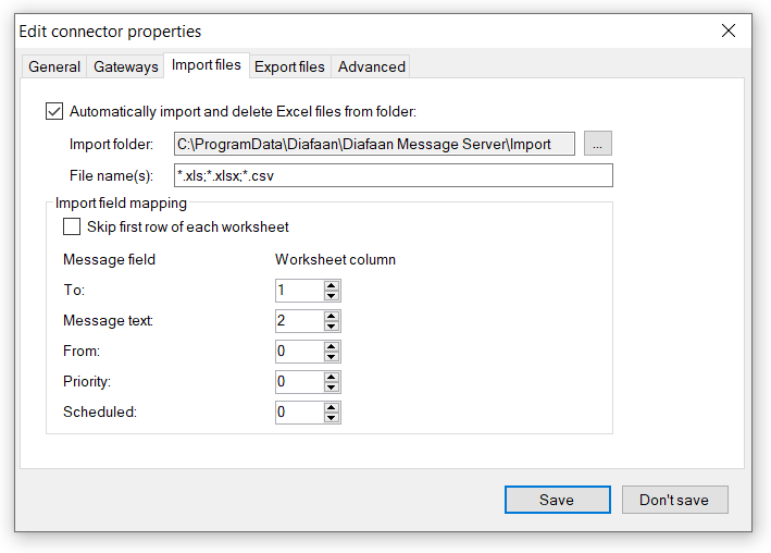Reference > Connector properties > Excel connector